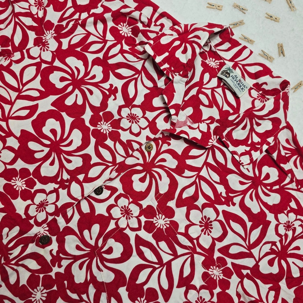 Aloha Republic Hawaii Floral‎ Button Down Shirt Red White Menswear